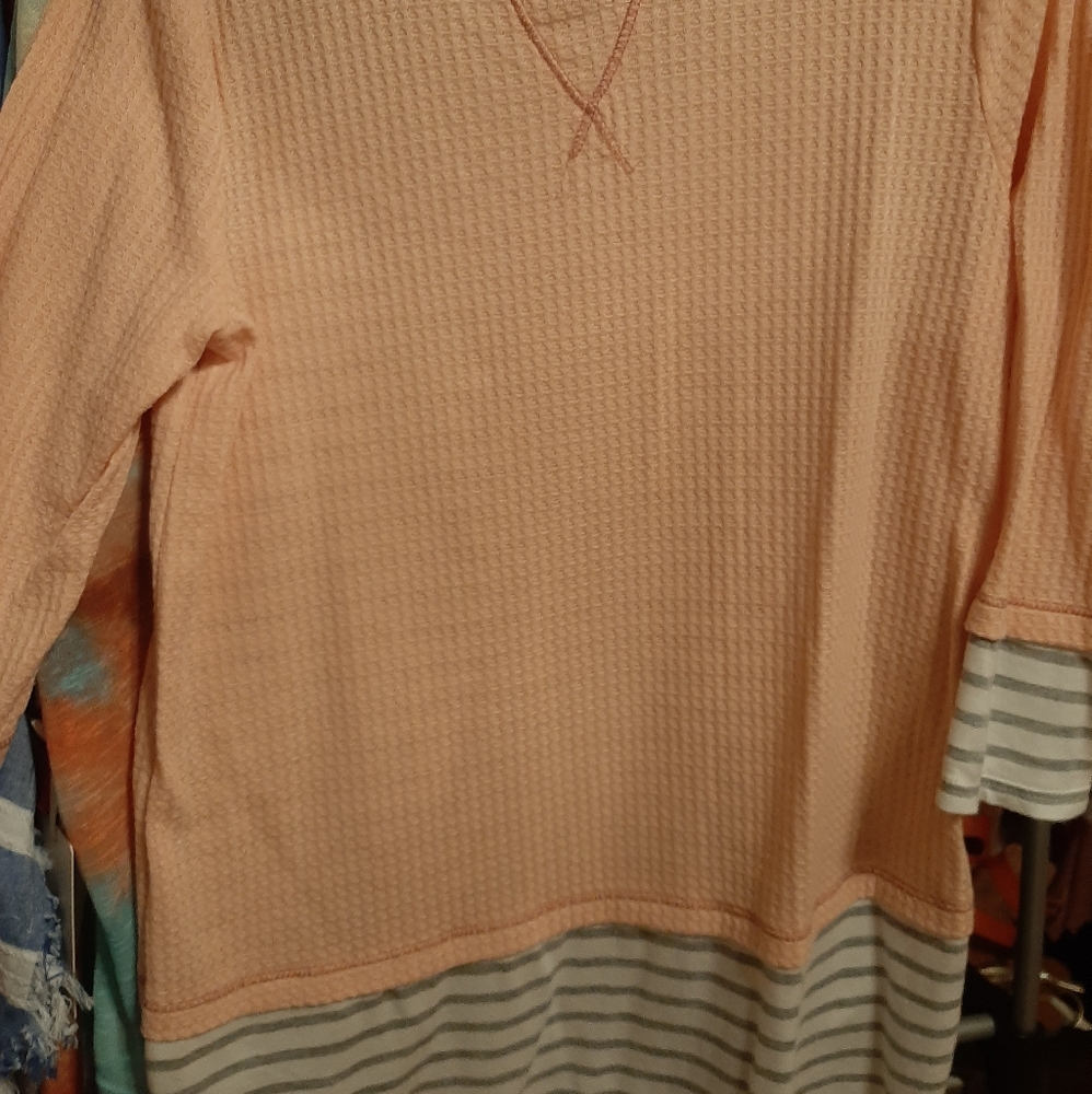 Light pink/grey striped waffle knit top